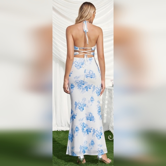 Blue Floral Halter Backless Maxi Dress with Side Cutouts | NWT | Size 10 - Picture 2 of 7
